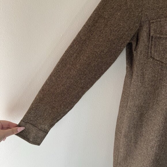 Vintage Y2K Gap Shirt Dress M Wool Tweed Chevron Brown Professor Patch Leather - Picture 5 of 10